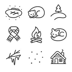 Fototapeta premium Winter Rest Icons. Outline icon set of silent winter rest: ice-covered lake, dormant bear, snow-covered hill, wool scarf, glowing