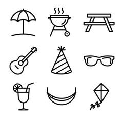 Outdoor Festivity Icons. Outline icon set of outdoor festivities: sun umbrella, grill, picnic table, guitar,
