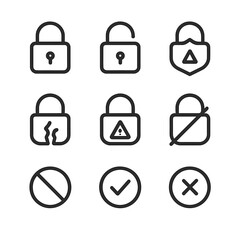 Lock States Icons. Outline icon set of lock states: locked padlock, unlocked padlock, secured lock, broken lock, warning lock,