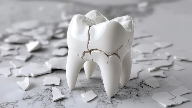 Cracked tooth model with broken white ceramic fragments scattered on marble surface symbolizing dental damage decay and fragile tooth structure in detailed close up view