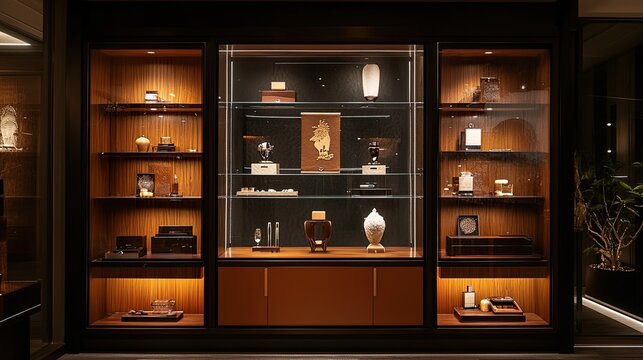 Exquisite display cabinet featuring a curated collection of luxurious objects and artifacts