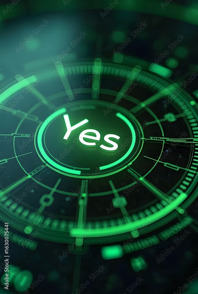 Poster abstract green futuristic interface displays a glowing yes in its center, vertical composition. this