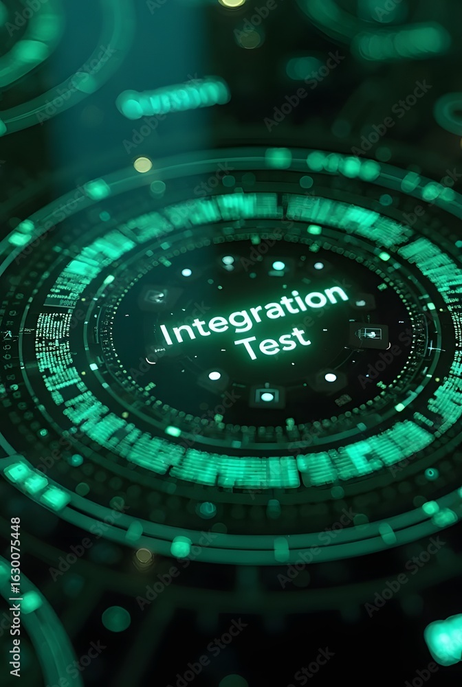Poster abstract green digital hud interface displays integration test data, vertical composition. futuristi