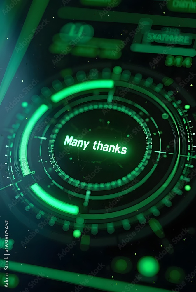 Poster abstract green digital interface design features glowing concentric circles and a central message ma