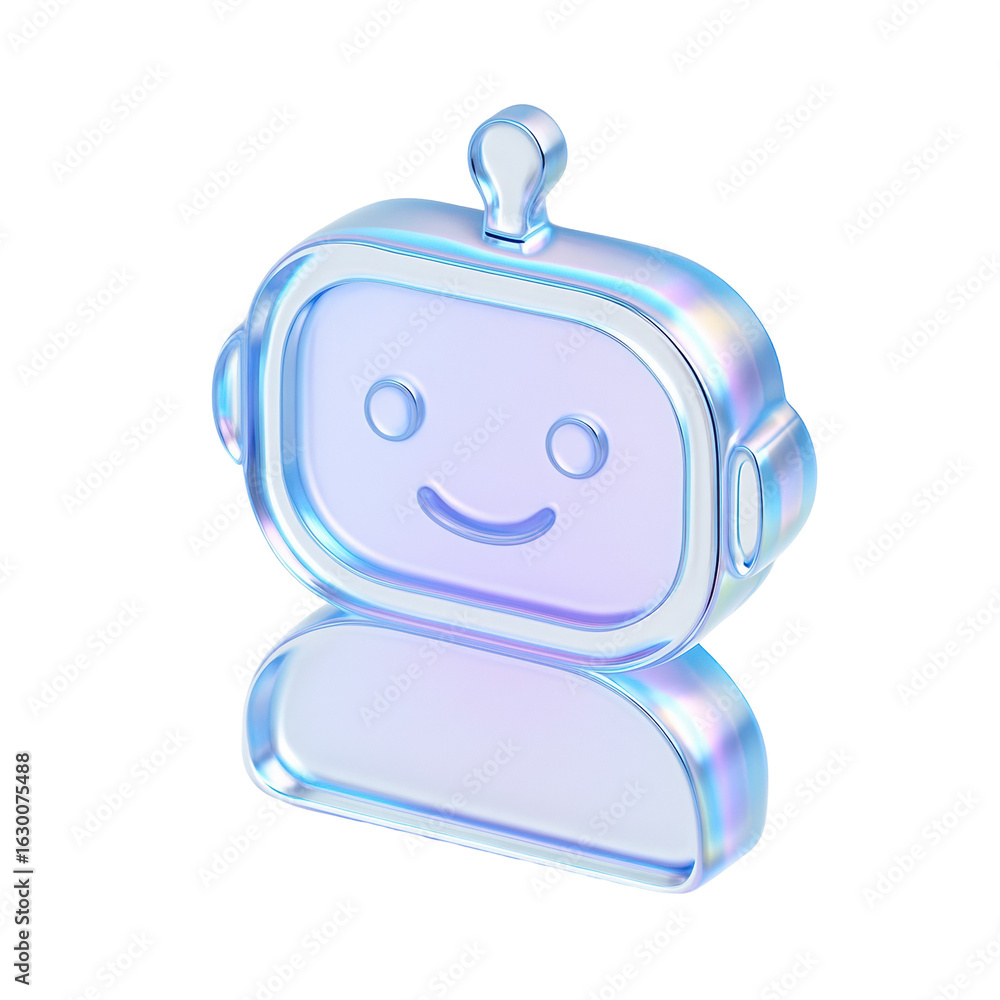 Poster cute transparent translucent 3d chatbot icon with a friendly expression reminiscent of modern techno