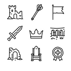 Fototapeta premium Lost Kingdom Icons. Outline icon set of lost kingdoms: crumbled castle, royal scepter, faded flag, broken sword, empty crown,