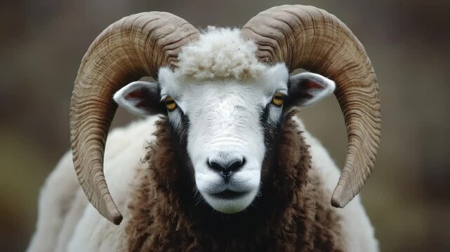 Close up ram with large curved horns and thick woolly coat, intense eyes, textured fur in natural outdoor farm setting showcasing wildlife, livestock, mammal, animal, sheep, and nature