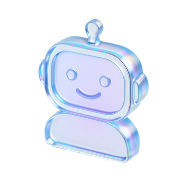 Cute transparent translucent 3d chatbot icon with a friendly expression reminiscent of modern technology and communication, glowing softly in various shades of blue and purple on a clear background