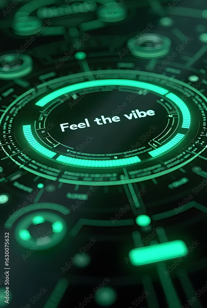Aufkleber abstract green technological interface design with glowing circular elements, vertical composition. 