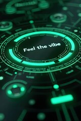 Abstract green technological interface design with glowing circular elements, vertical composition. Feel the vibe of futuristic digital energy and vibrant color effects.