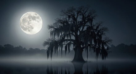  a solitary, ancient tree draped in moss stands in misty water under a luminous full moon at night