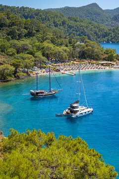 Blue Lagoon and Oludeniz beach aerial panoramic view. Oludeniz is a beach resort in the Fethiye district of Mugla Province, Turkey.