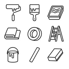 Painting Tools Icons. Outline icon set of painting walls: paint roller, paintbrush, paint tray, drop cloth,