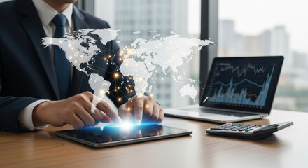  businessman using tablet with glowing world map and laptop showing financial data