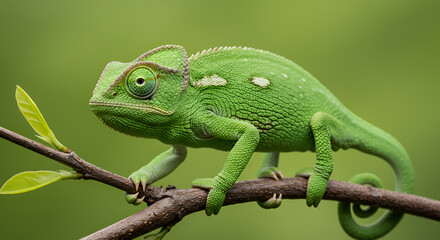 Obraz premium Green chameleon climbing a branch with green background. Detailed skin texture and curled tail clearly visible.
