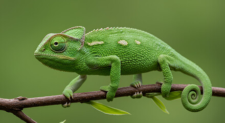 Fototapeta premium Green chameleon climbing a branch with green background. Detailed skin texture and curled tail clearly visible.