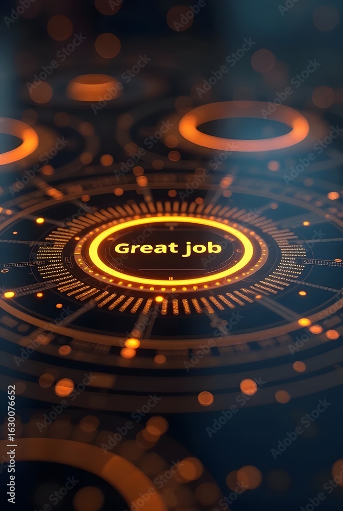 Poster abstract glowing orange and black technology interface displays the words great job, vertical compos