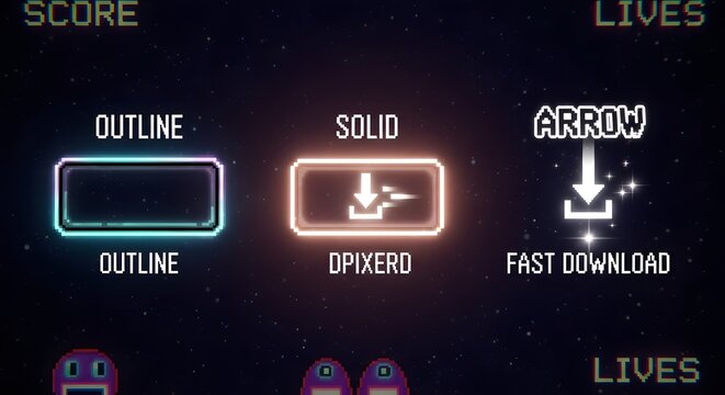 Retro pixel art game interface with score, lives, and download options, evoking nostalgia and digital engagement.