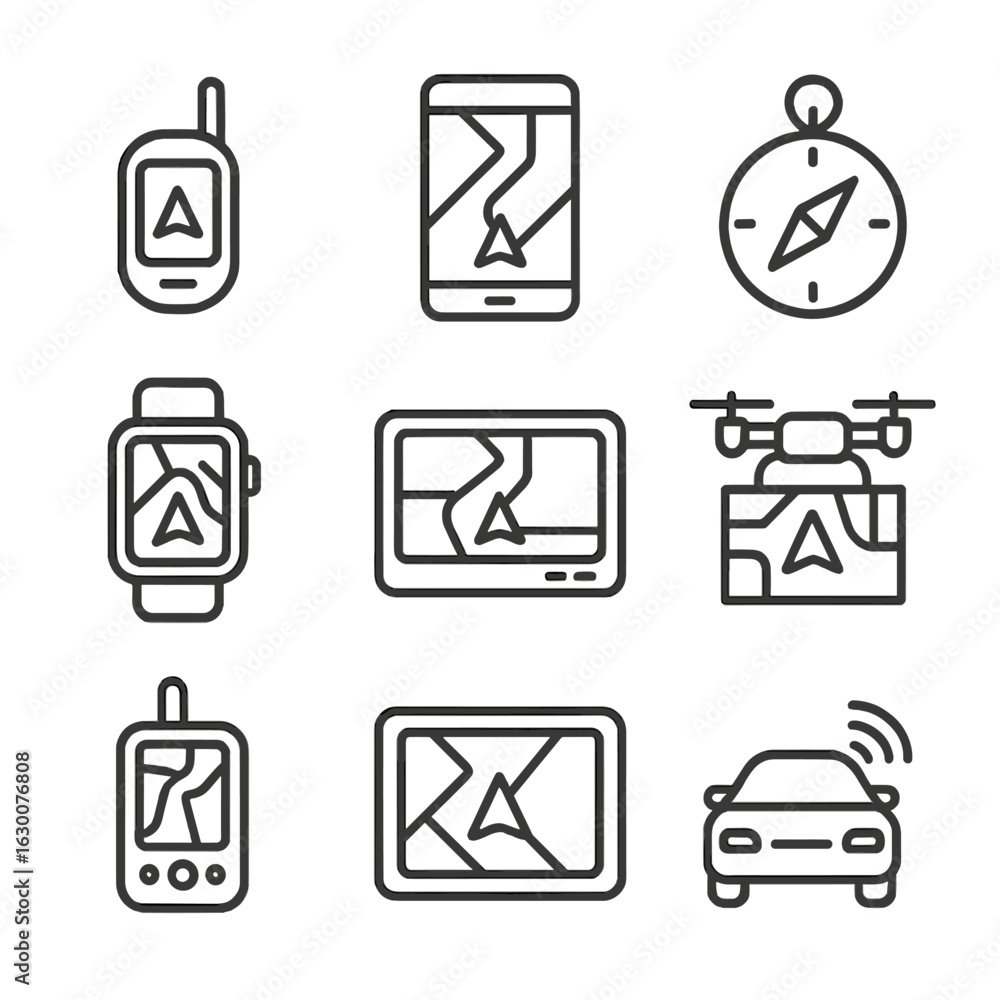 Poster map navigation icons. outline icon set of map navigation devices: gps receiver, smartphone with map 