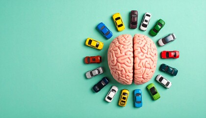 Toy cars circle a brain model, a metaphor for racing thoughts and anxiety overload concept.