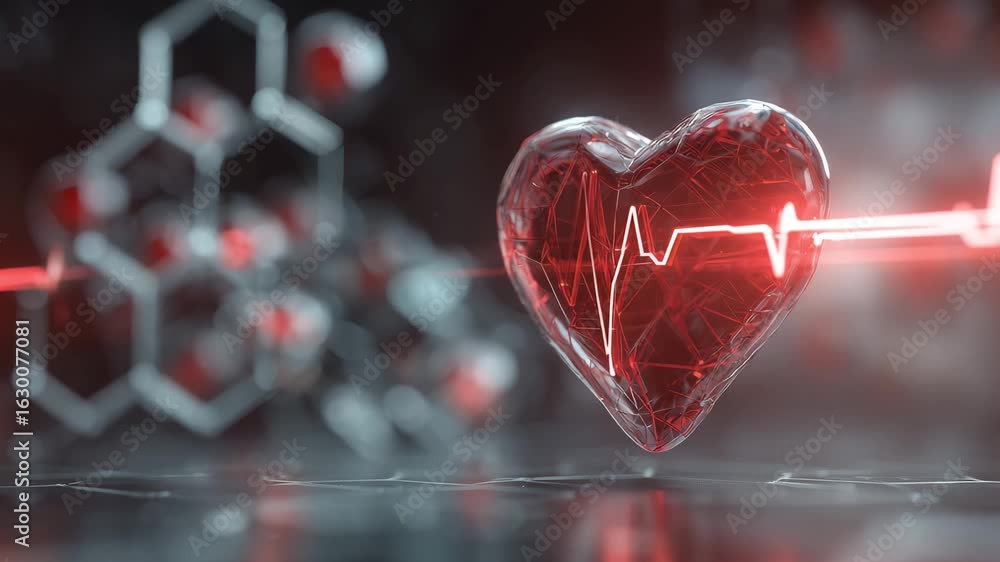 Poster a heart model glows softly amidst laboratory elements while a heartbeat line pulses rhythmically in 
