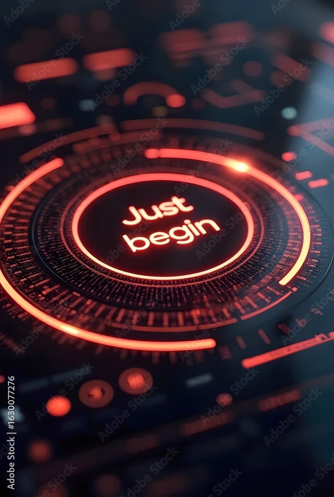Poster red glowing rings create a futuristic interface, vertical composition. the central message just begi