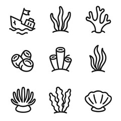 Marine Life Icons. Outline icon set of shipwreck marine life: algae, coral, barnacle, sponge, kelp, anemone, seaweed, plankton,