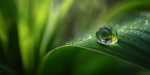 Dew Drop Serenity: A single, perfectly formed water droplet sits atop a vibrant green leaf, shimmering with captured sunlight. A close-up captures the exquisite detail of the natural world.