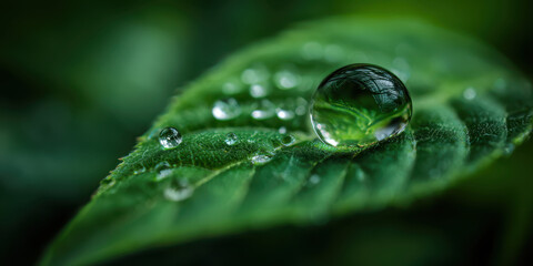 Green Jewel: A close-up captures the delicate balance of nature, with a glistening water droplet perched on a vibrant green leaf, symbolizing purity and freshness.