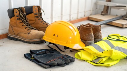 June National Safety Month Workplace Protection Equipment with Hard Hat and Safety Boots