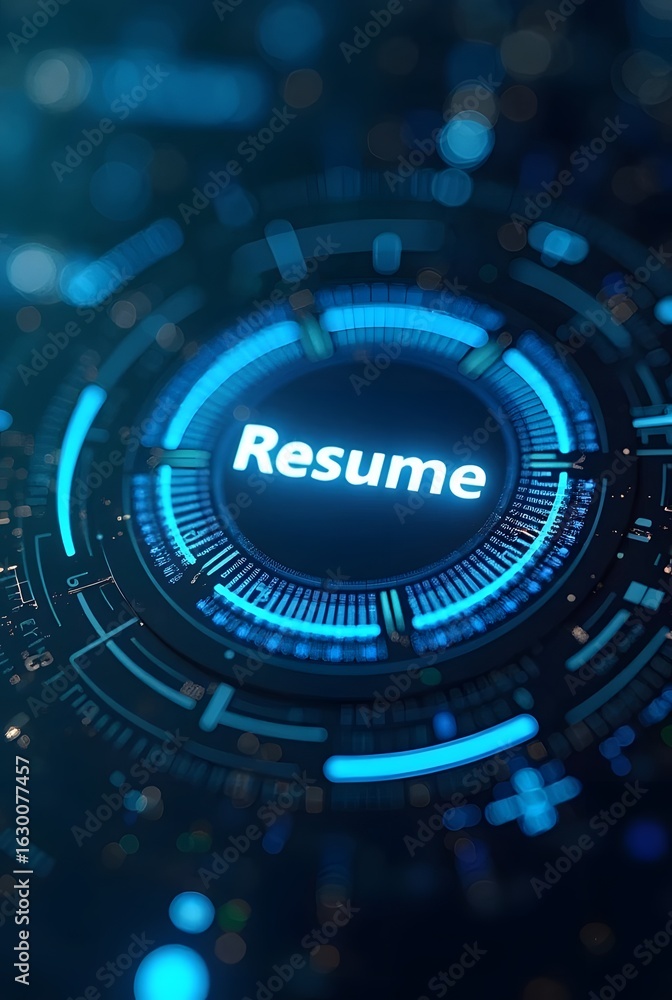 Aufkleber futuristic blue digital interface displays the word resume in glowing white letters, vertical compos