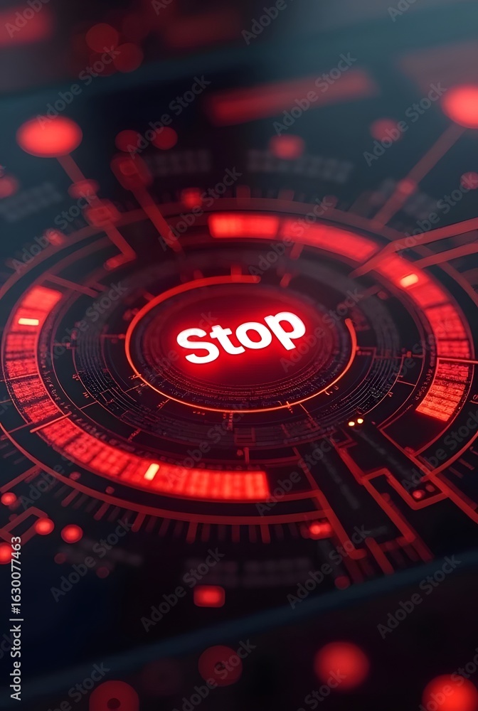 Poster intense red hues illuminate a futuristic circular interface, vertical composition. the central butto