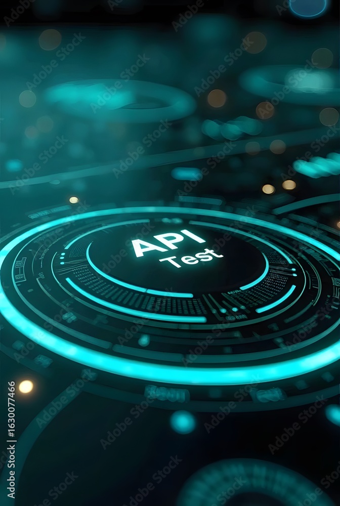 Poster futuristic teal interface design with glowing concentric circles and the pharse api test, vertical c