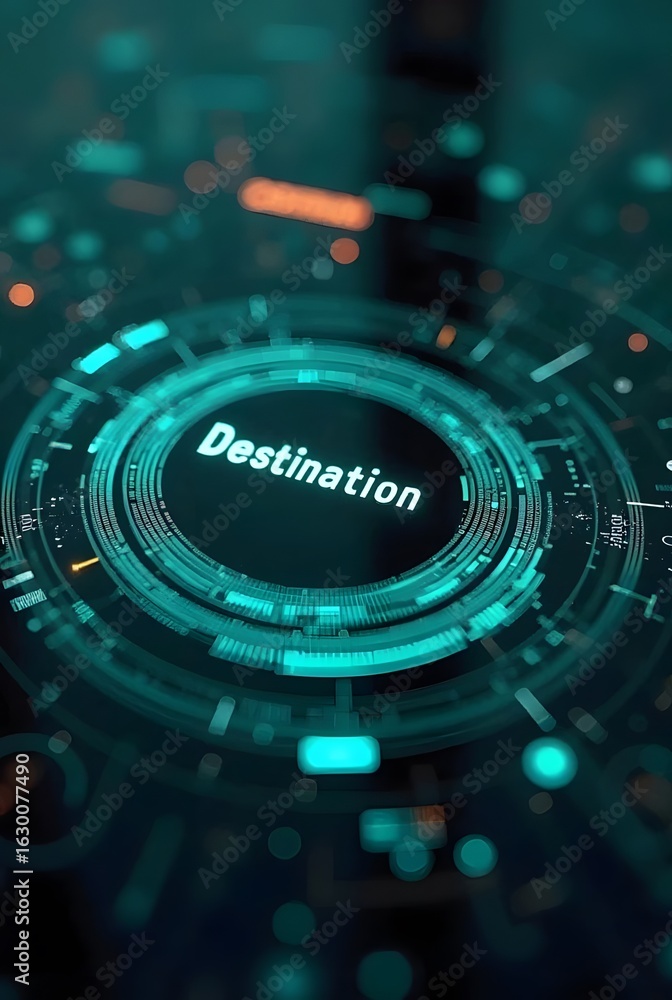 Poster abstract teal and black futuristic hud interface displays the word destination, vertical composition