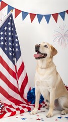 Patriotic Background Summer Smiling Dog Celebrating Independence Day with American Flag