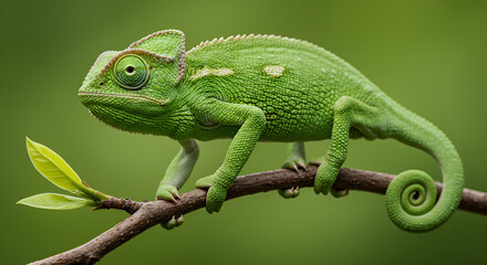 Obraz premium Green chameleon climbing a branch with green background. Detailed skin texture and curled tail clearly visible.