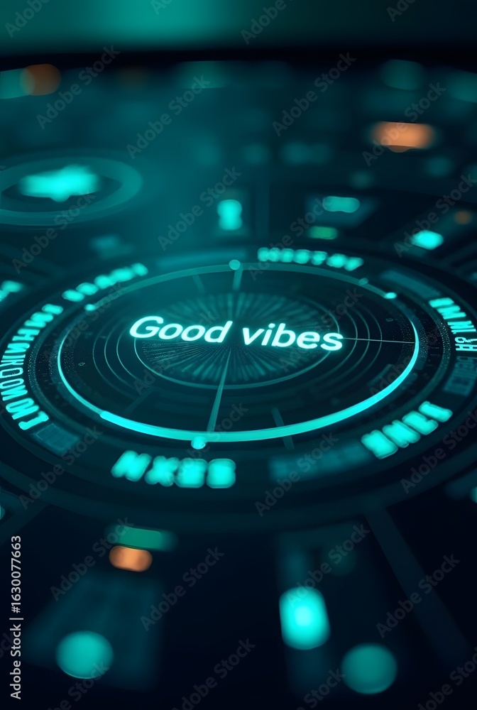 Poster abstract teal futuristic interface displays the words good vibes in glowing text, vertical compositi