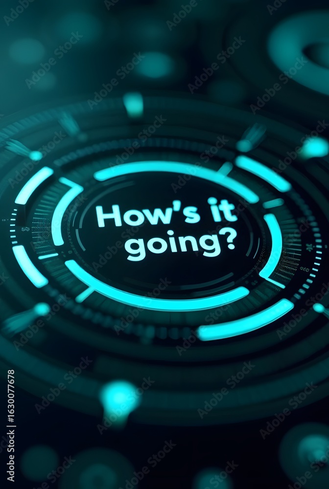 Poster abstract teal digital interface displays the question hows it going, vertical composition. this futu