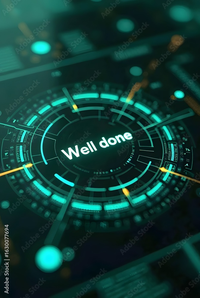Poster abstract teal and orange futuristic hud interface showcases a circular progress bar, vertical compos