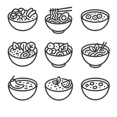 Meal Bowl Icon Set. Outline icon set of meal bowls: poke bowl, ramen bowl, smoothie bowl, buddha bowl, pho bowl, chili bowl, grain