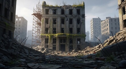 Post-apocalyptic cityscape with ruins and overgrown vegetation
