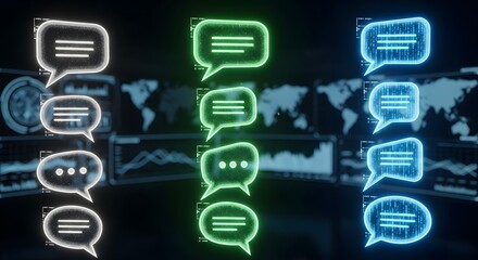 Dynamic glowing chat bubbles representing global communication and digital messaging trends against a backdrop of data analytics and world maps