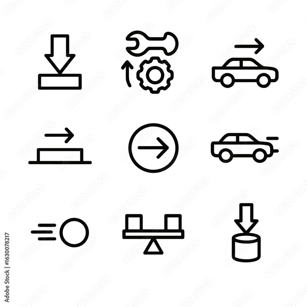 Poster mechanics icons set. outline icon set of mechanics principles: force, torque, acceleration, friction