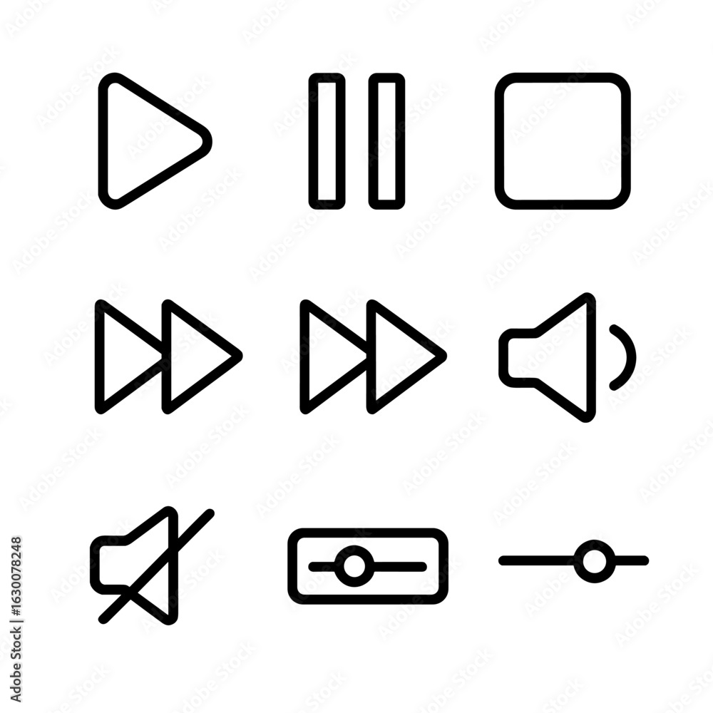 Poster media icons grid. outline icon set of click in media: play button, pause button, stop button, rewind