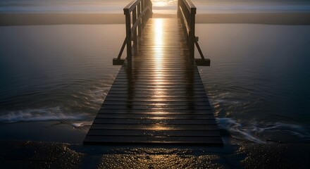 Obraz premium Wooden Pier Leading to Glimmering Golden Water at Sunset
