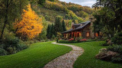 Charming rustic log cabin with a single vibrant yellow autumn tree nestled in a serene green forest.