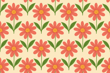 Seamless floral pattern of coral-red daisy flowers with yellow centers and green leaves on a beige background, perfect for fabric, wallpaper, and digital designs.

