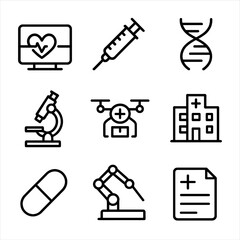 Fototapeta premium Medical Tech Icons. Outline icon set of medical technology: heart monitor, syringe, DNA helix, microscope, medical drone, hospital