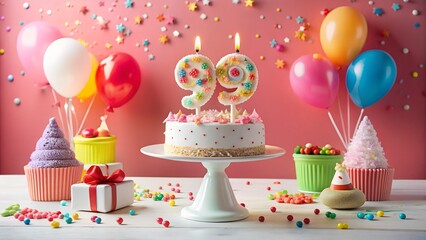 Photo of a delightful birthday cake adorned with number candles 99, surrounded by festive balloons, cupcakes, and confetti, creating a cheerful and memorable celebration