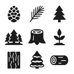 Pine Tree Icon Set. Solid, filled icons set of pine trees: pine cone, pine needle branch, pine tree silhouette